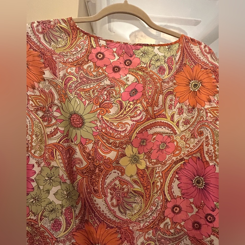 Talbots NWOT Silk 100% 1X Top Floral Paisley Hot pink orange lime 3/4 sleeve - Picture 11 of 16